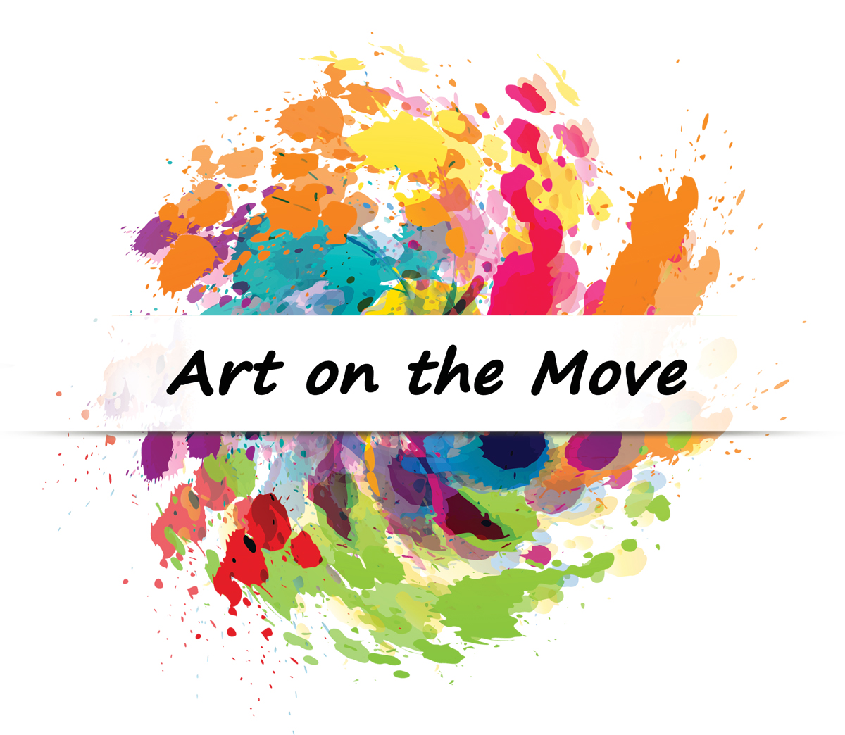 Art on the Move logo with splashes of rainbow colors in a circular motion surrounding the name.
